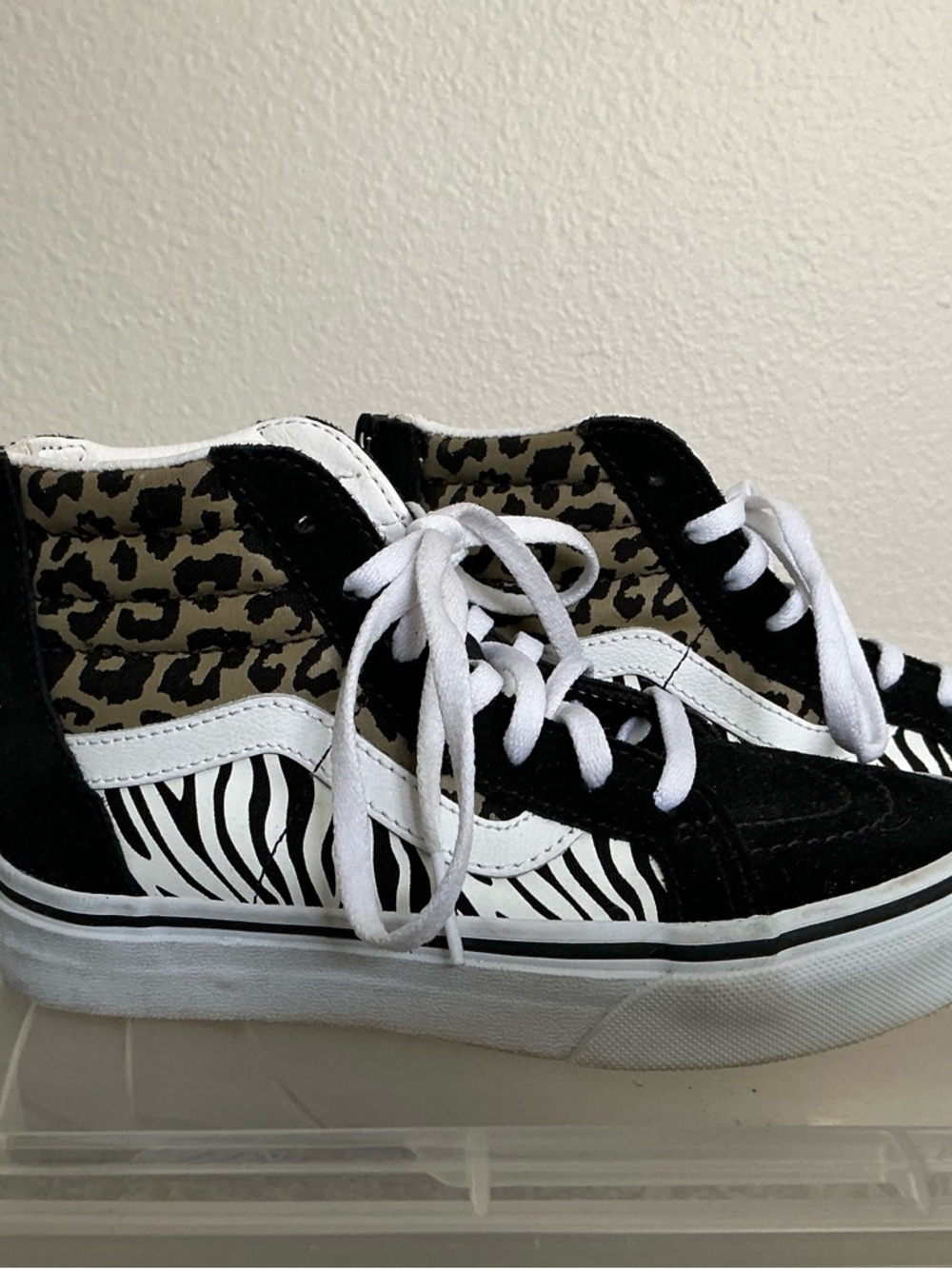 Vans Kids High-Top Sneakers in Black, White & Tan Animal Print